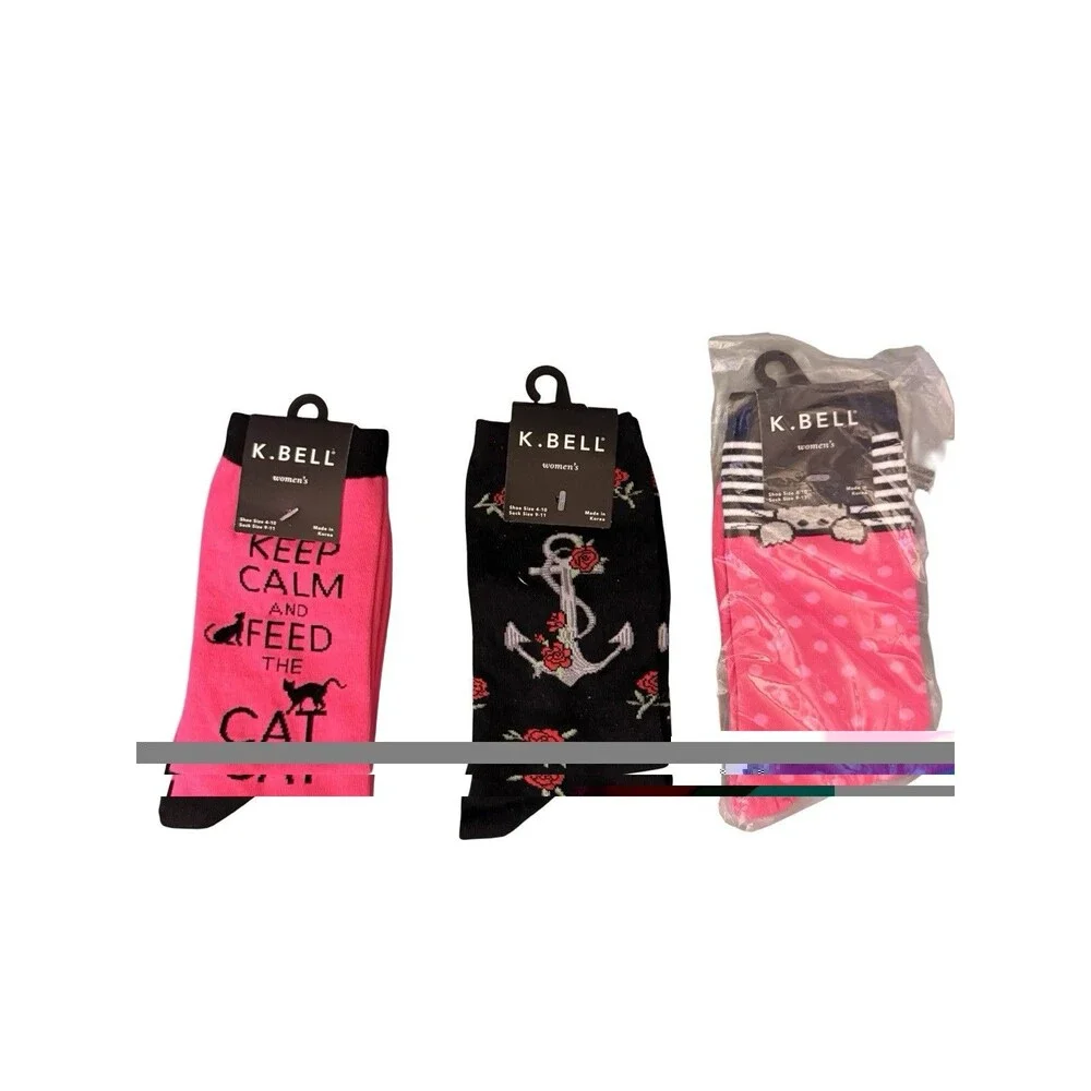 Women’s Cat Socks 3 Pair Lot Anchor Roses Pink Novelty K.bell New Size 4-10